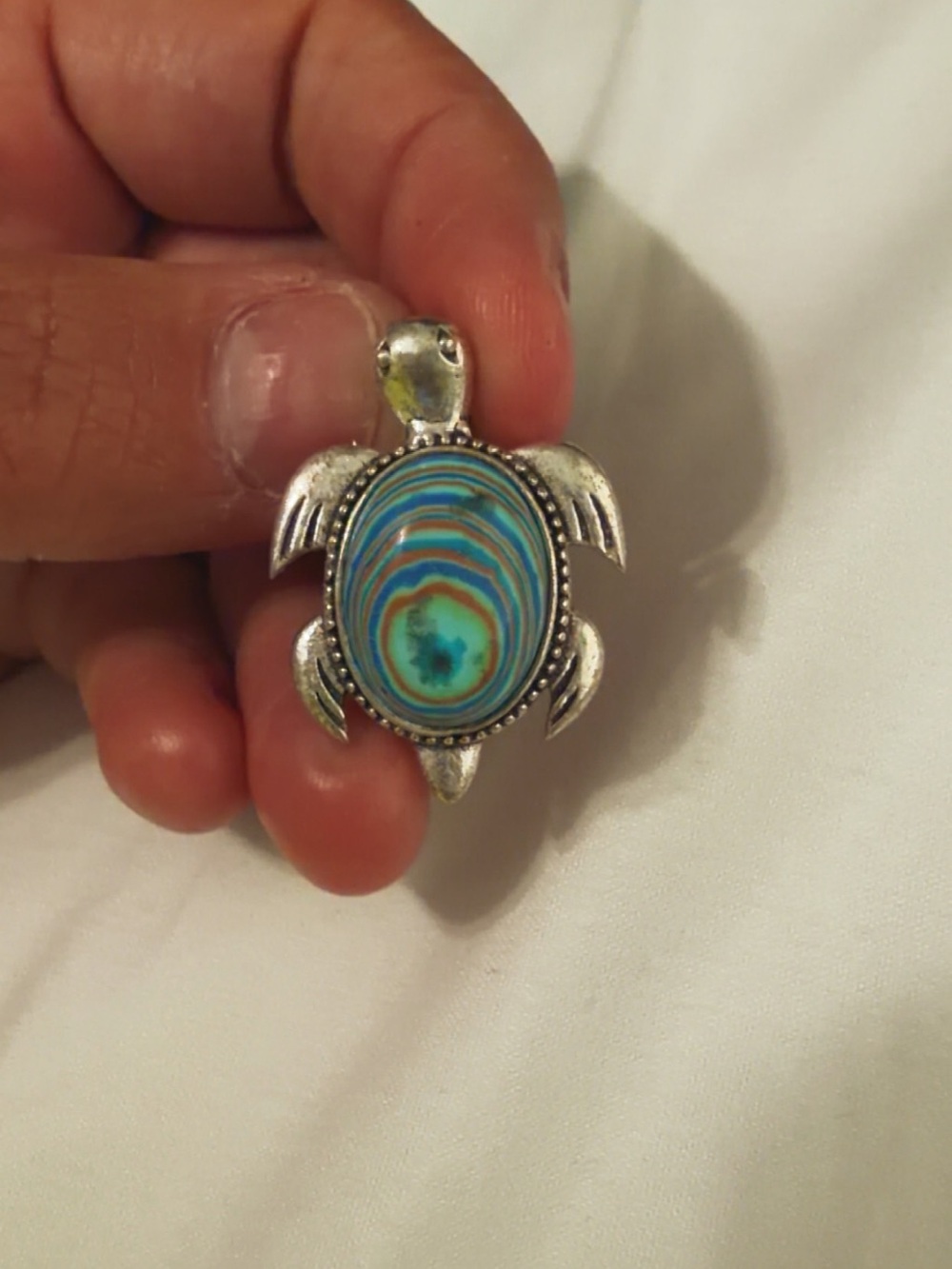 Silver Turtle Pendant with Blue-Green Striped Stone - Women Jewelry